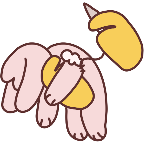 A person holding a stuffed bunny with a tear near its arm and sewing back up the tear.